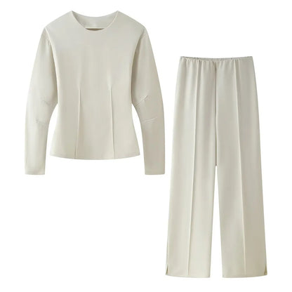 2025 Spring New Women's Two Piece Pant Set Fashion Long Sleeve O-neck Pleated Top Double-Sided Fabric Office Top Casual Pants.
