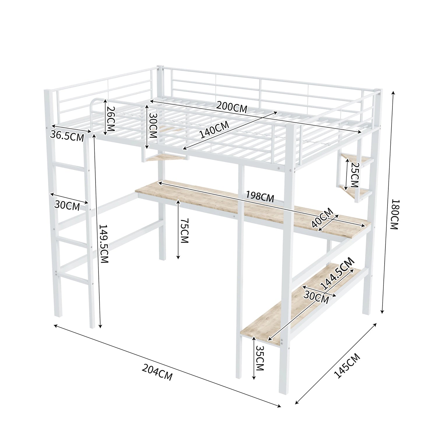 Merax Hochbett 140x200 cm Metallbett mit Schreibtisch und Regal für Kinder Jugendliche und Erwachsene Weiß