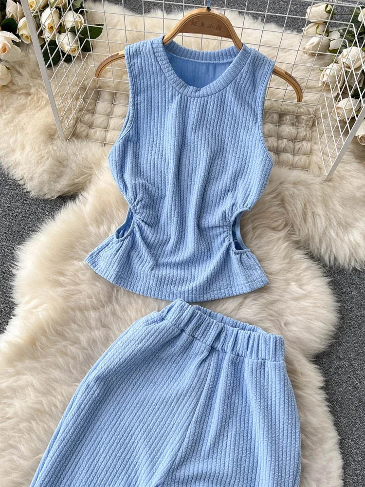 Korean Suits Women's Two Piece Set Summer Slim Fit Sleeveless O-neck Tops High Waist Slits Trousers Two-piece Suit Female D1109.