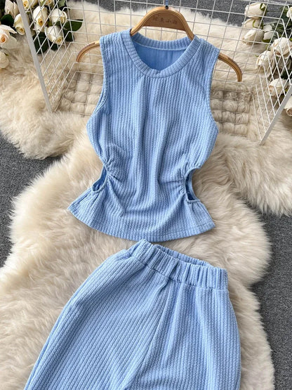 Korean Suits Women's Two Piece Set Summer Slim Fit Sleeveless O-neck Tops High Waist Slits Trousers Two-piece Suit Female D1109.