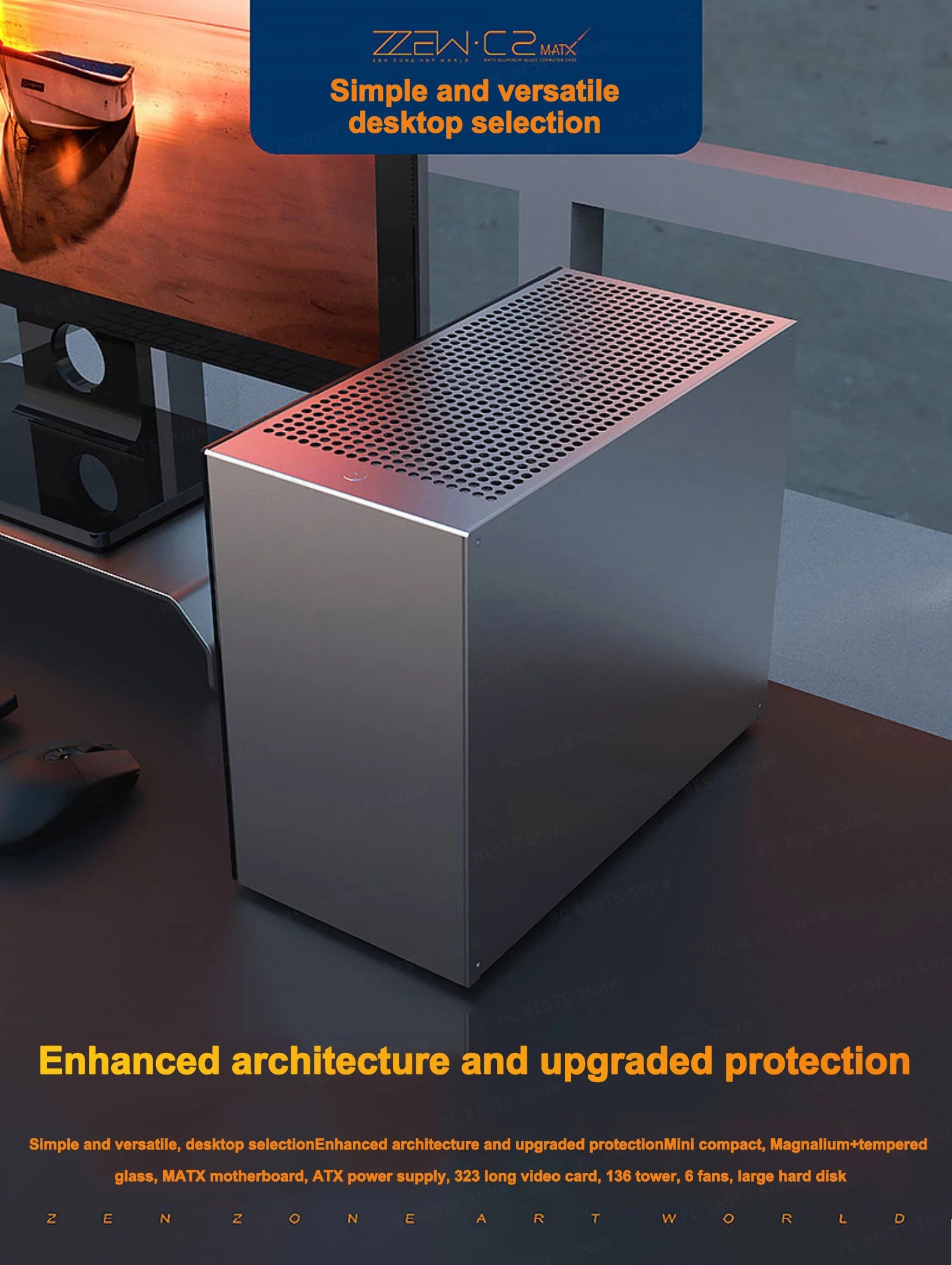 ZZAW C2 C2P M-ATX Computer Case Side Transparent MINI-ITX All Aluminum Desktop Office Small Chassis Supports Long Graphic Card.