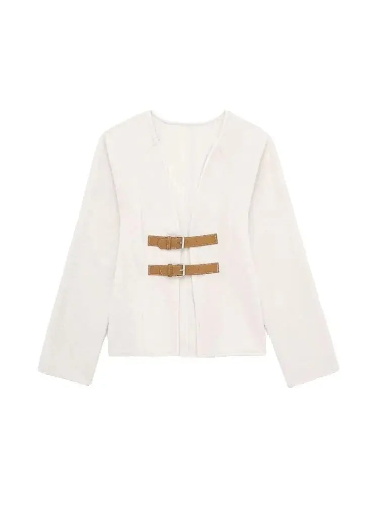 Women Fashion With Belt Woolen Jacket Coat V Neck Long Sleeve Female Outerwear Chic Tops.