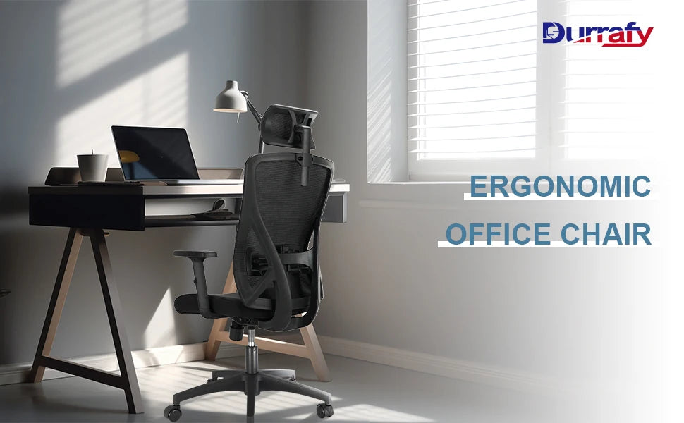 Durrafy Ergonomischer Bürostuhl, drehbarer Arbeitsstuhl mit verstellbarer Lordosenstütze und Armlehnen, für Home-Office-Gaming