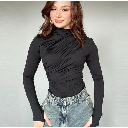 Turtleneck Women Tees Sexy Slim Long Sleeve Pleated All-match Basic Lady T-shirts Spring Autumn Fashion Chic Female Top 2025