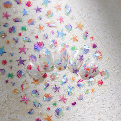 Ocean Theme 5D Nail Sticker Summer Beach Seashells Starfish Conch Scallop Shell Coral Self Adhesive Decoration Manicure Decal