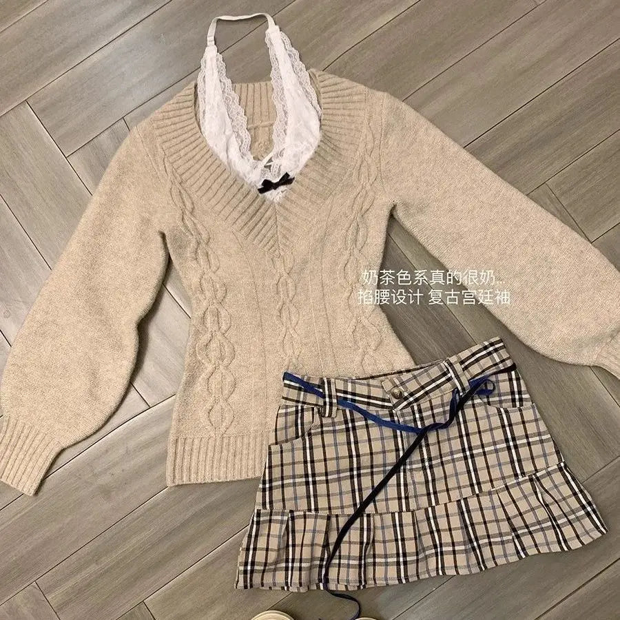 Chic Gothic Slim Sexy Strickpullover Soft Kint Pullover Langarm Skinny Tops Y2k Design Streetwear V-Ausschnitt Fairy Grunge.