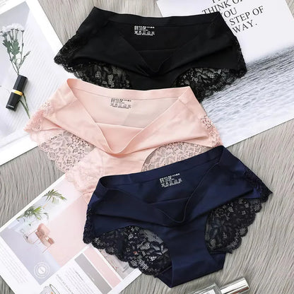 2 Articles Ice Silk Panties Female Mid-waist Non-marking Lace Cotton Crotch Skin-friendly Large Size Breathable Ultra-thin Young.