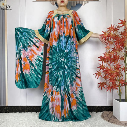 New Muslim Dress Woman Short Sleeve Dashiki African Abaya Tie-dyed Printing Cotton Loose Femme Robe Islamic Dresses With Scarf