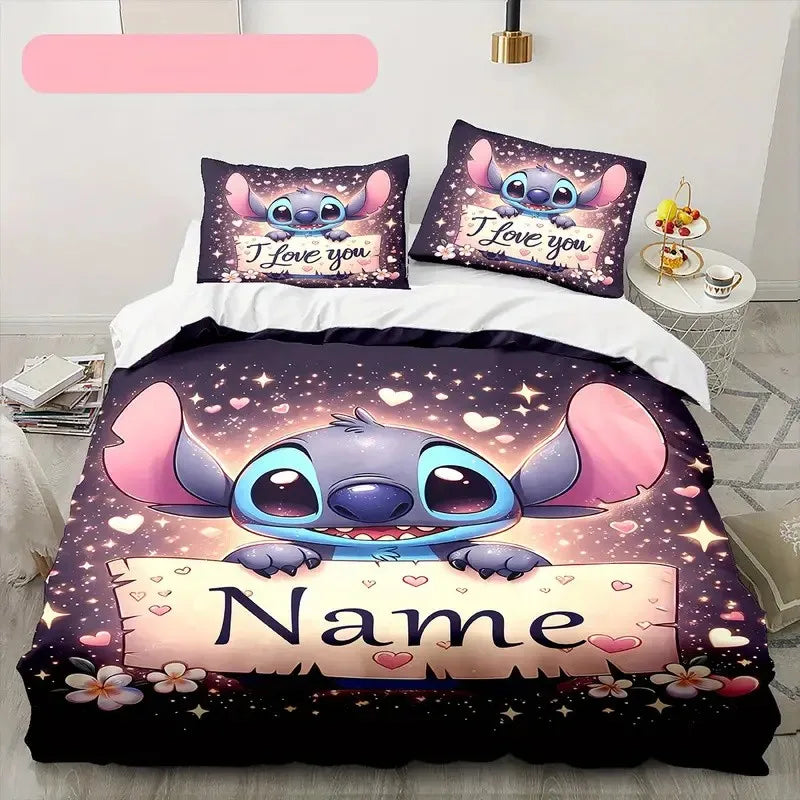 Customizable Stitch Anime Duvet Cover with 2 Pillowcases Cartoon Personalized Name Bedding Set for Women Children Teens.