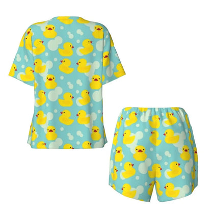 Benutzerdefinierte Frauen Gelb Klassische Gummi Ente Pyjamas Set Gedruckt Zwei-stück Pj Sets Kurzarm Nachtwäsche Loungewear.