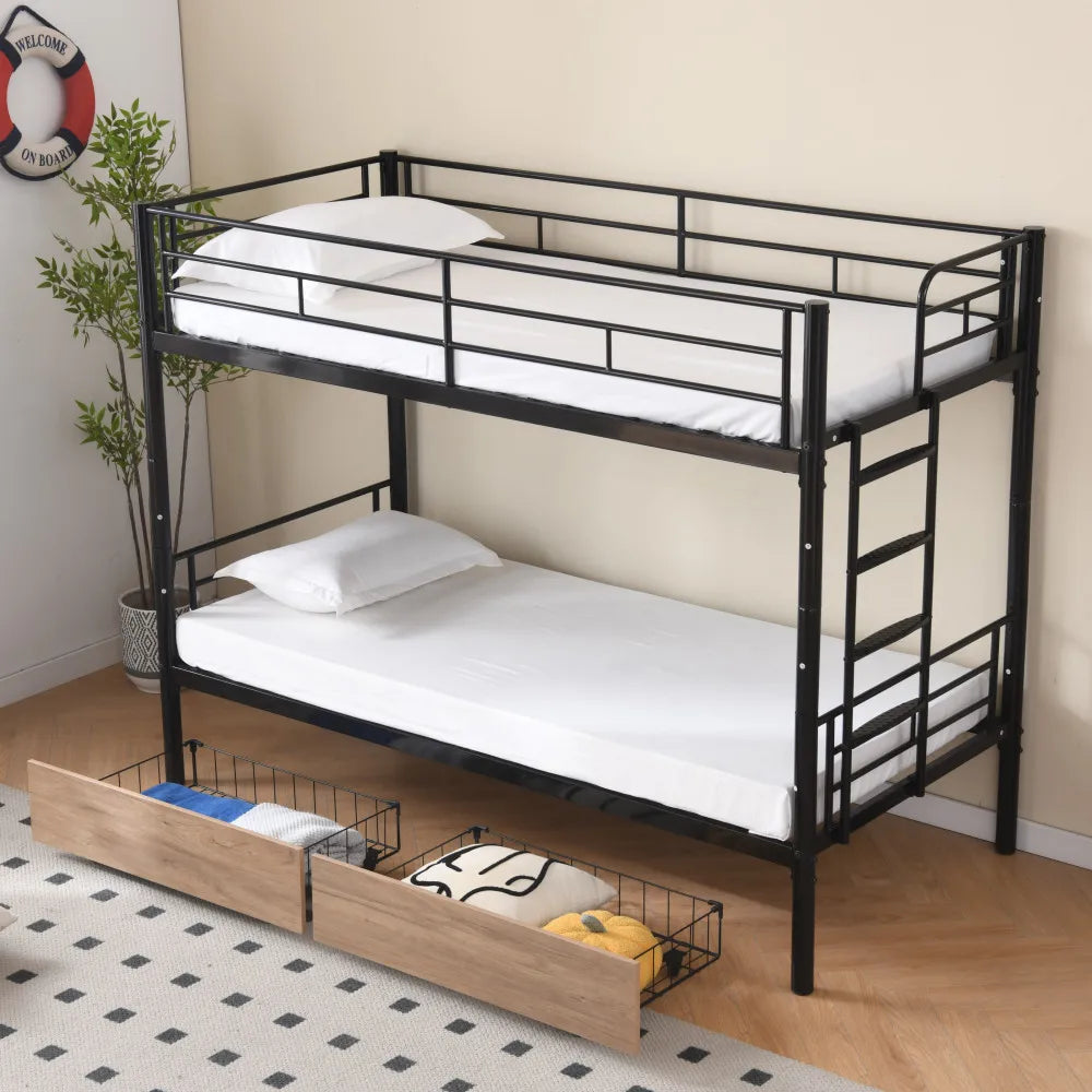 Etagenbett aus Metall, 90 x 200 cm, Etagenbett mit ausklappbarem Bett, erweiterbar auf zwei Einzelbetten oder Erwachsenenbetten, Schwarz