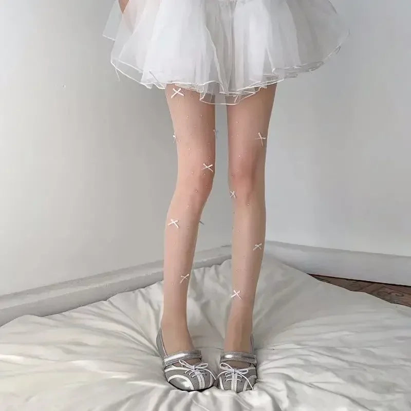 New Lolita Velvet Bowkont Embroidery Pearl Tights Pantyhose Flash Diamond Women Tight JK Style Sweet Girls Kawaii Cute Stockings.