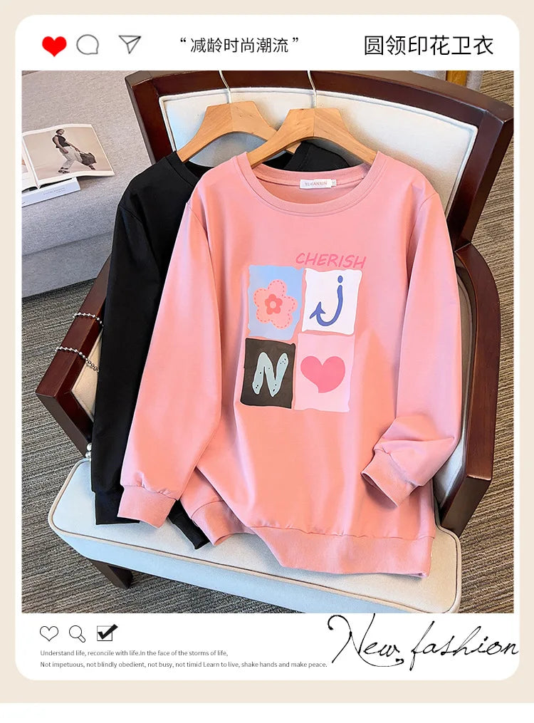 175kg plus size Damen büste Frühling Herbst lose Langarm bedrucktes Sweatshirt Top schwarz rosa 6xl 7xl 8xl 9xl 10xl 11xl.