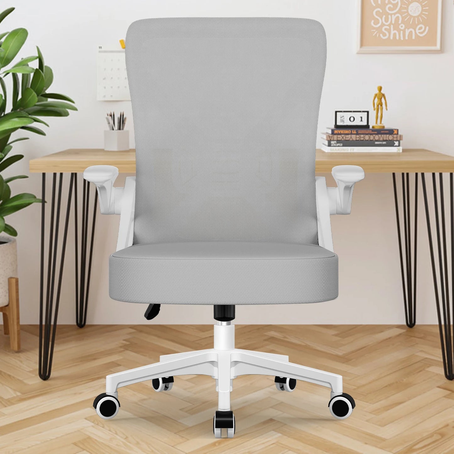 AUTHMIC Ergonomischer Netz-Bürostuhl mit Lordosenstütze, hochklappbaren Armlehnen, verstellbarer und höhenverstellbar für den Schreibtisch zu Hause – Grau