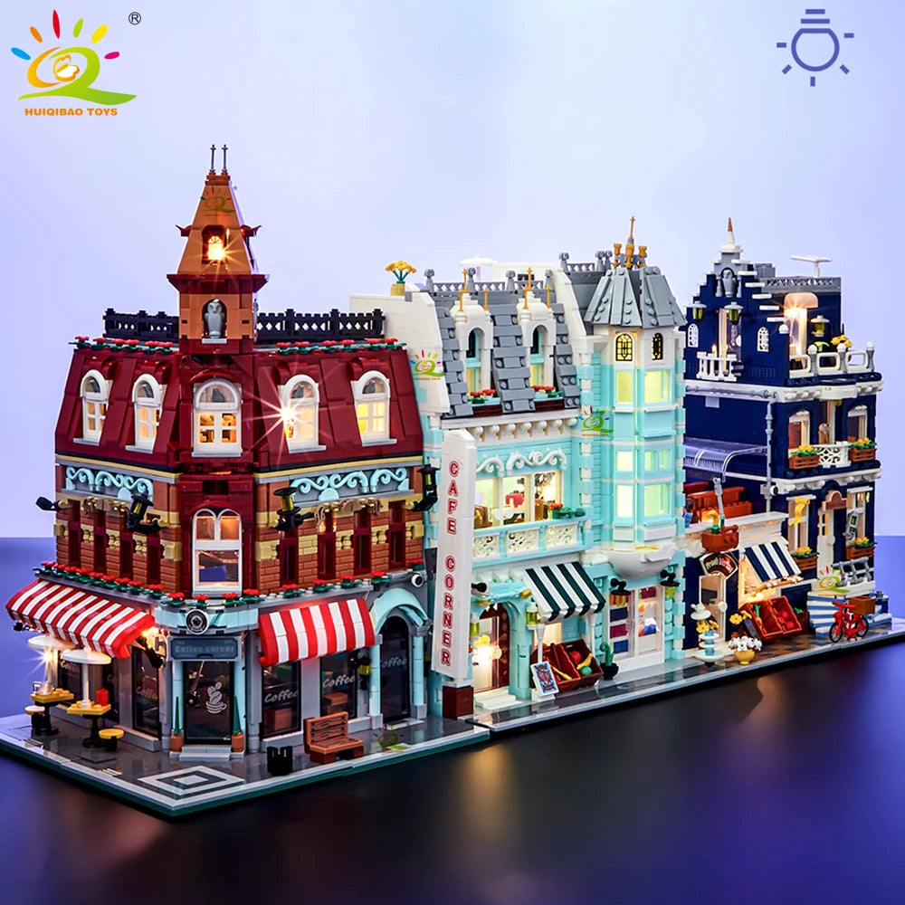 HUIQIBAO Toys MOC City Corner Coffee Shop Architecture Style Street View Micro Building Blocks for Children Construction Bricks.