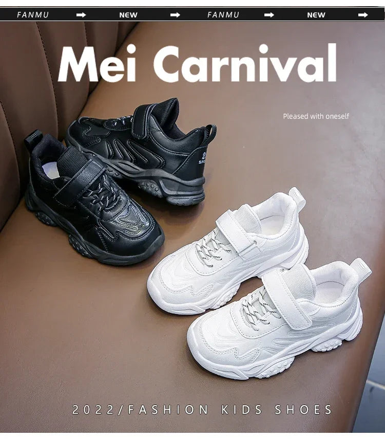 Children White Running Shoes Kids Fashion Sneakers PU Soft Breatheable Comfortable Boys Girls School Sports Shoes Size 26-37.