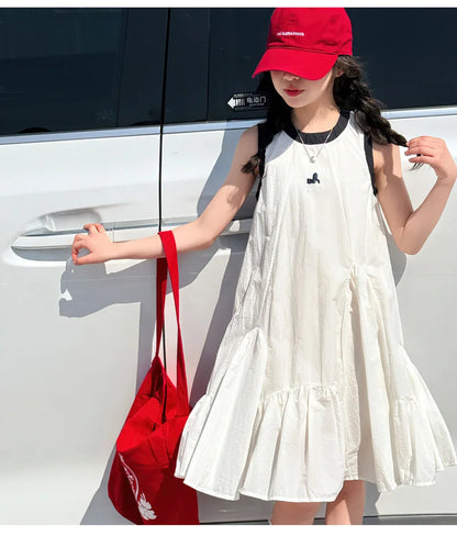 Neues Sommer-Mädchen-Prinzessinnenkleid für Kinder, ärmelloses Kleid mit Rüschen, Design-Kleider für Teenager, Kinder, lässiges Urlaubs-Strandkleid.