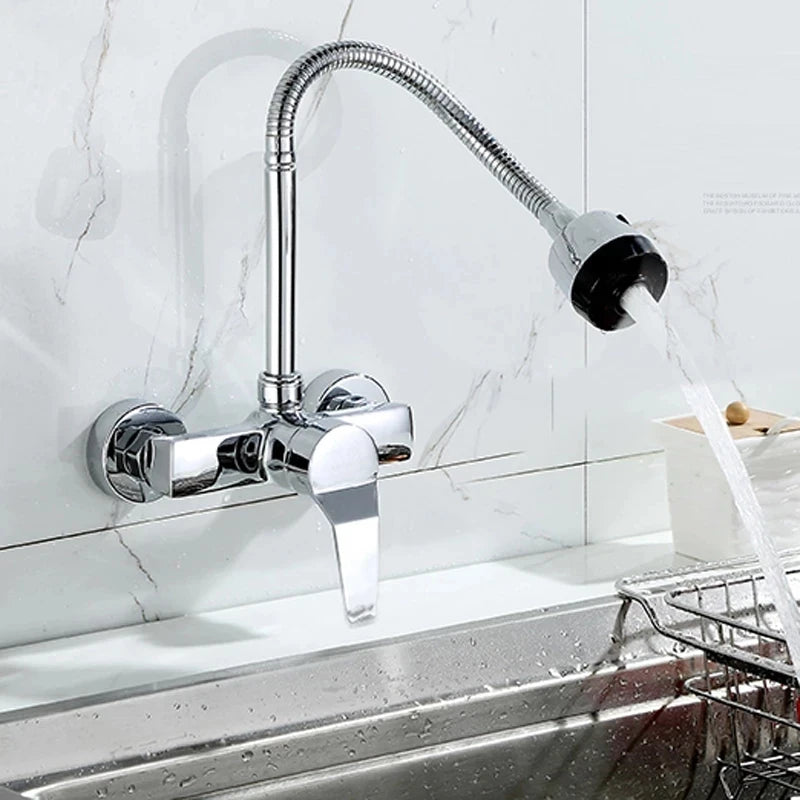 Chrome/black wall-mounted swivel, two-way spout, water stream sprayer, hot and cold water flexible hose kitchen mixer tap