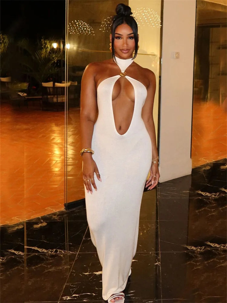 Seltsame Puss Sexy Frau Kleid Ärmellose Hohl Backless Metall Ringe Dünne Elastizität Einfache Party 2025, Sommer Trend Vestidos