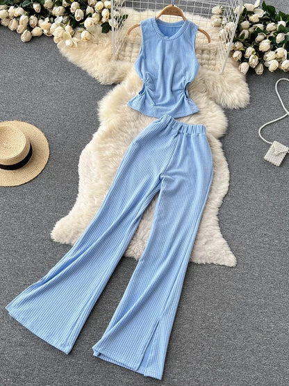 Korean Suits Women's Two Piece Set Summer Slim Fit Sleeveless O-neck Tops High Waist Slits Trousers Two-piece Suit Female D1109.