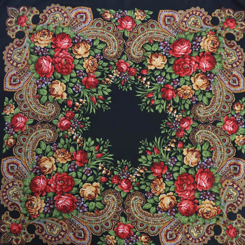 Women Luxury Floral Printed Russian Scarf Ukrainian Fringed Square Scarves Babushka Handkerchief Head Wraps Travel Shawl.
