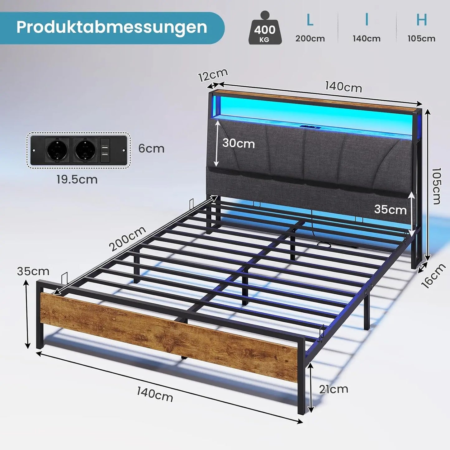 Metallbettgestell 140 x 200 cm mit LED-Beleuchtung, Kopfteil und Ladestation, integriertes Metallbett 140 x 200 mit Gitterbraten