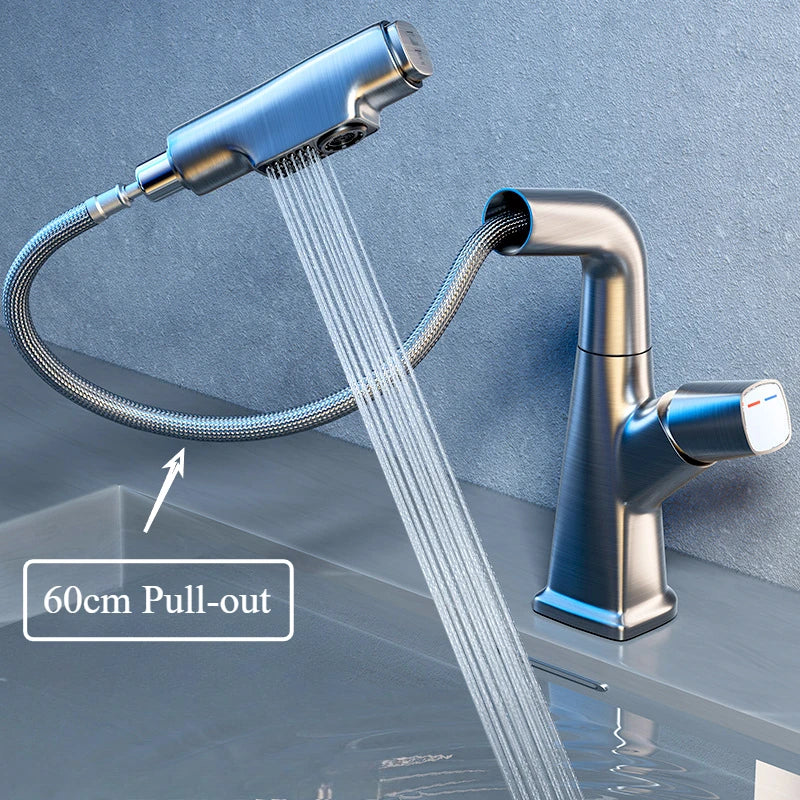 Hot and cold faucet bathroom sink vanity with pull-out function that can be raised and lowered 360º rotating mixing spray faucet