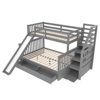 Etagenbett 90 x 200 über 140 x 200 mit Schubladen, Stauraum und Rutsche, multifunktional, Grau (ohne Matratze)