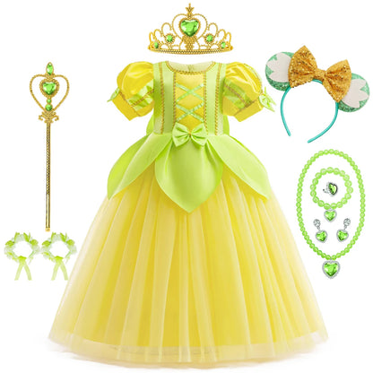 Tiana Fancy Prinzessin Kleid für Mädchen Geburtstag Party Kostüm Kinder Rollenspiel Ballkleid Kinder Karneval Performance Kleidung