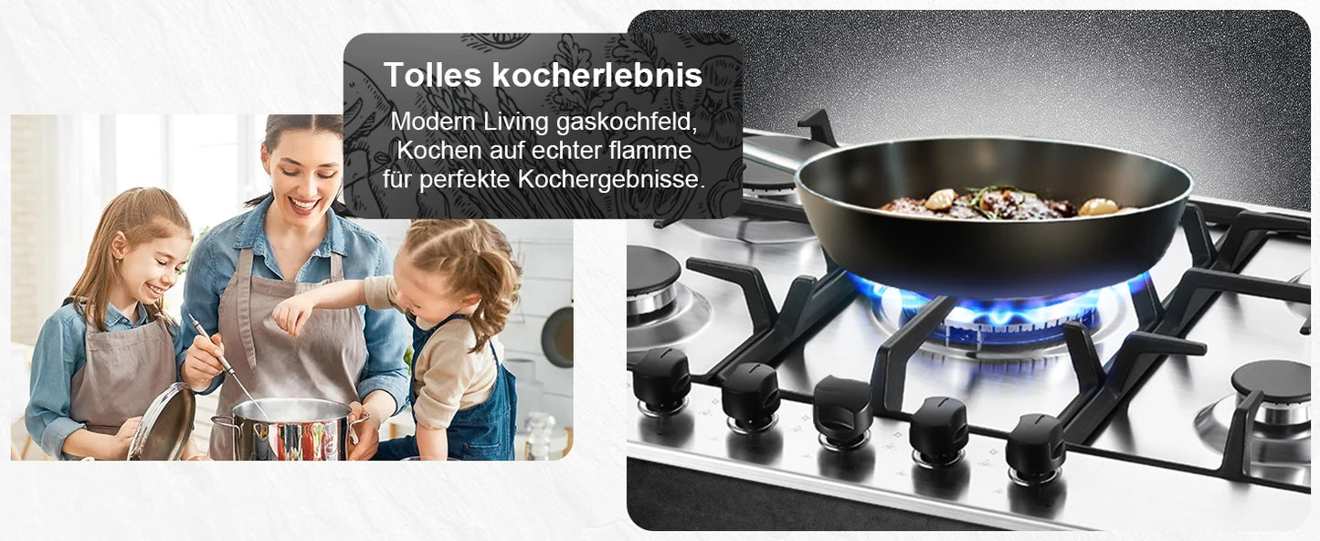 68cm 5-Burner Gas Hob Stainless Steel Gasherd Auto Flame Shield & Dual Fuel (Erdgas/LPG) 10460W Pro Line Built-in/Standherd.