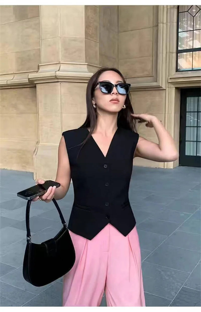 Frühling Sommer Koreanische Mode Weste 2025, Neue Frauen Kurze Mode V-ausschnitt Ärmellose Casual Blazer Weste Mäntel Weibliche Tops.