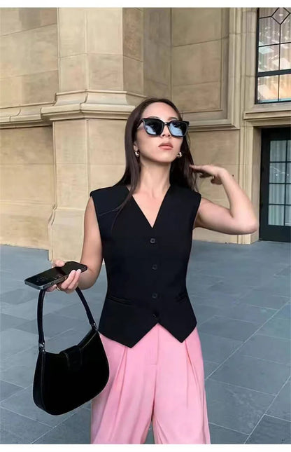 Frühling Sommer Koreanische Mode Weste 2025, Neue Frauen Kurze Mode V-ausschnitt Ärmellose Casual Blazer Weste Mäntel Weibliche Tops.