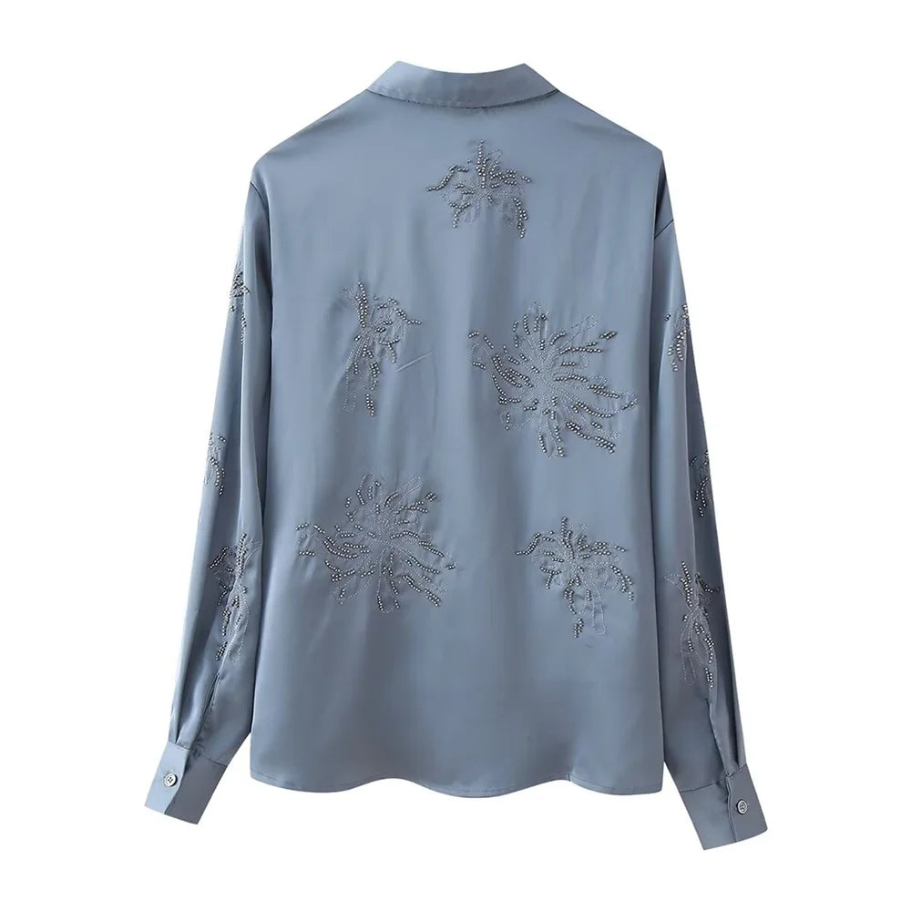 Summer New Product Women's Style Flip Collar with Beaded Embroidered Shirt, High Waist Straight Leg Pants Set.