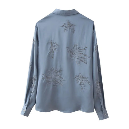 Summer New Product Women's Style Flip Collar with Beaded Embroidered Shirt, High Waist Straight Leg Pants Set.