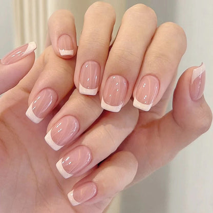 120Pcs=24*5 French Short Square Coffin False Nail White Pink Simple Wearable Fake Nails Glossy Full Cover Press on Nail Tips Art.