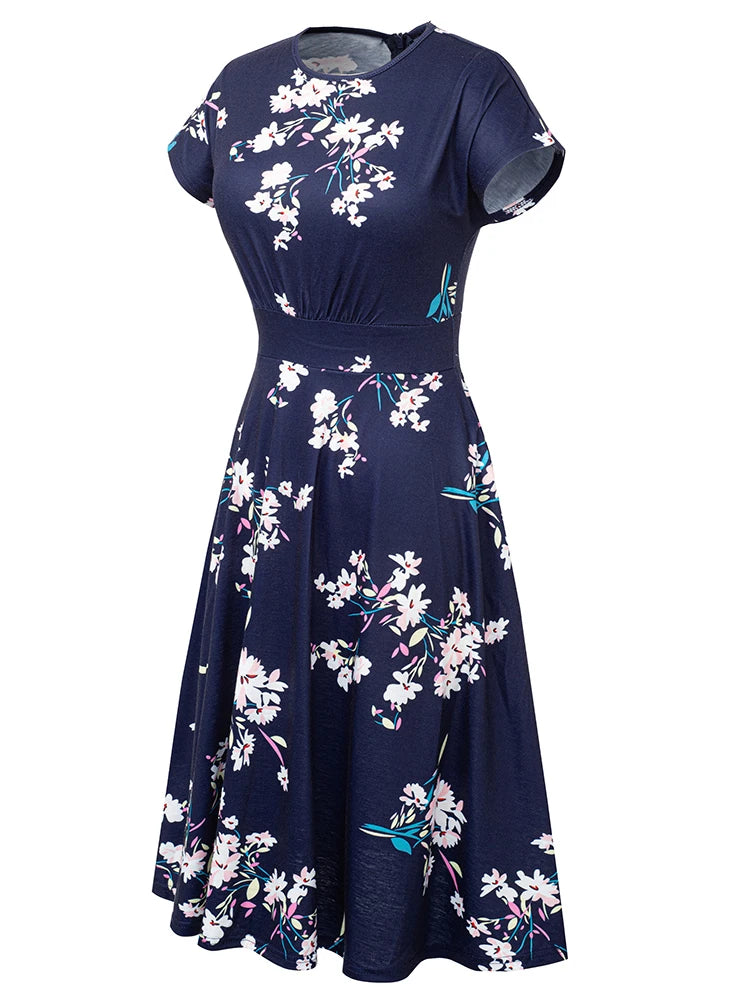 Nice-forever Vintage Elegante Blumen Druck Plissee Rundhals vestidos A-Line Pinup Business Party Frauen Flare Swing Kleid A102