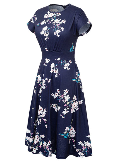 Nice-forever Vintage Elegante Blumen Druck Plissee Rundhals vestidos A-Line Pinup Business Party Frauen Flare Swing Kleid A102