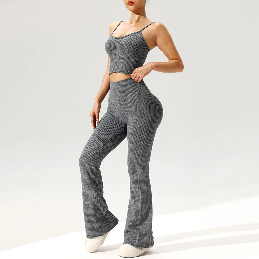 2pcs/set Seamless Flared Pants Ribbed Tank Top Outfit Women Gym Yoga Clothes Flared Trousers Vest Set Sexy for Clubs Date Nights.