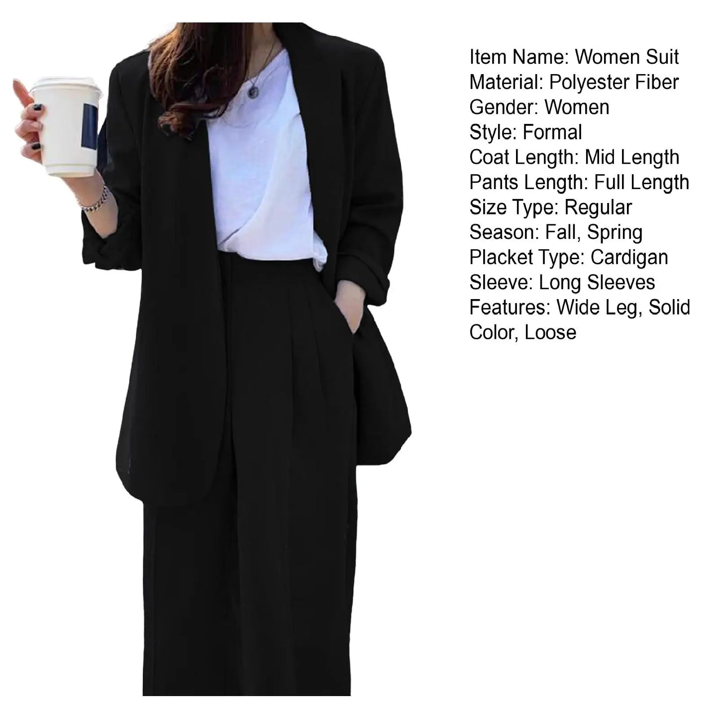 Wide Leg Suit Pants Set Elegant Women Business Suit Set Cardigan Jacket High Waist for Professional Lady Formal Coat Pants Set.