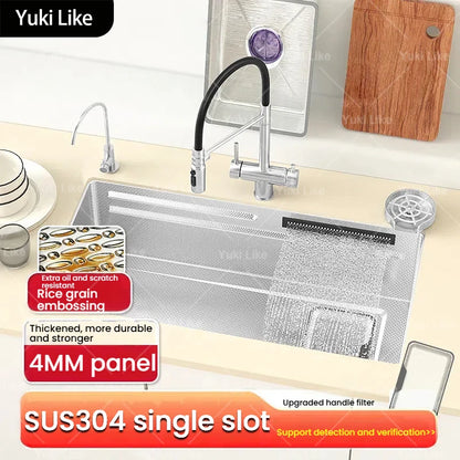 Silver 304 Stainless Steel Waterfall Kitchen Sink Multifunctional Scratch and Wear Resistant Large Single Slot Undermount Basin