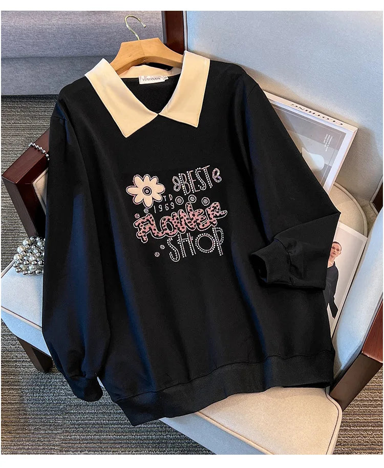 175kg plus size Damen büste Frühling Herbst lose Kragen bedruckt Langarm Sweatshirt schwarz rosa 4xl 5xl 6xl 7xl 8xl 9xl.