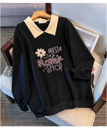 175kg plus size Damen büste Frühling Herbst lose Kragen bedruckt Langarm Sweatshirt schwarz rosa 4xl 5xl 6xl 7xl 8xl 9xl.