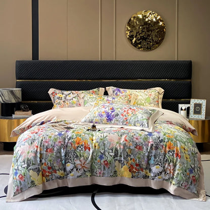 Floral Print 600TC Egyptian Cotton Bedding Queen King Comforter Cover Soft Duvet Cover Set Flat/Fitted Bed Sheet Pillowcases.