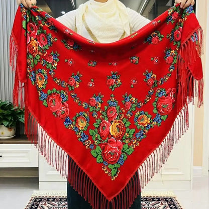 120*120cm Russian National Square Scarf Women Luxury Floral Print Fringed Ukrainian Shawls Scarves Ladies Head Wraps Bandana.