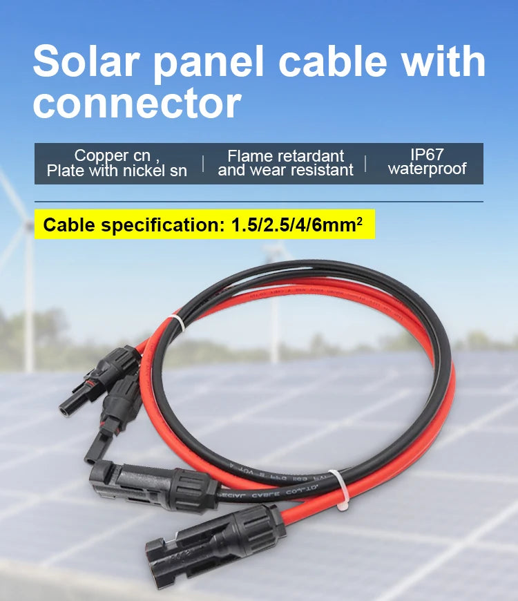 Solar Panel Cable Extension Copper Wire 4mm² 6mm² 2.5mm² 1.5mm² 12 10 14 16AWG 1 Pair PV Solar Cable Connectors Set Solar Wire.