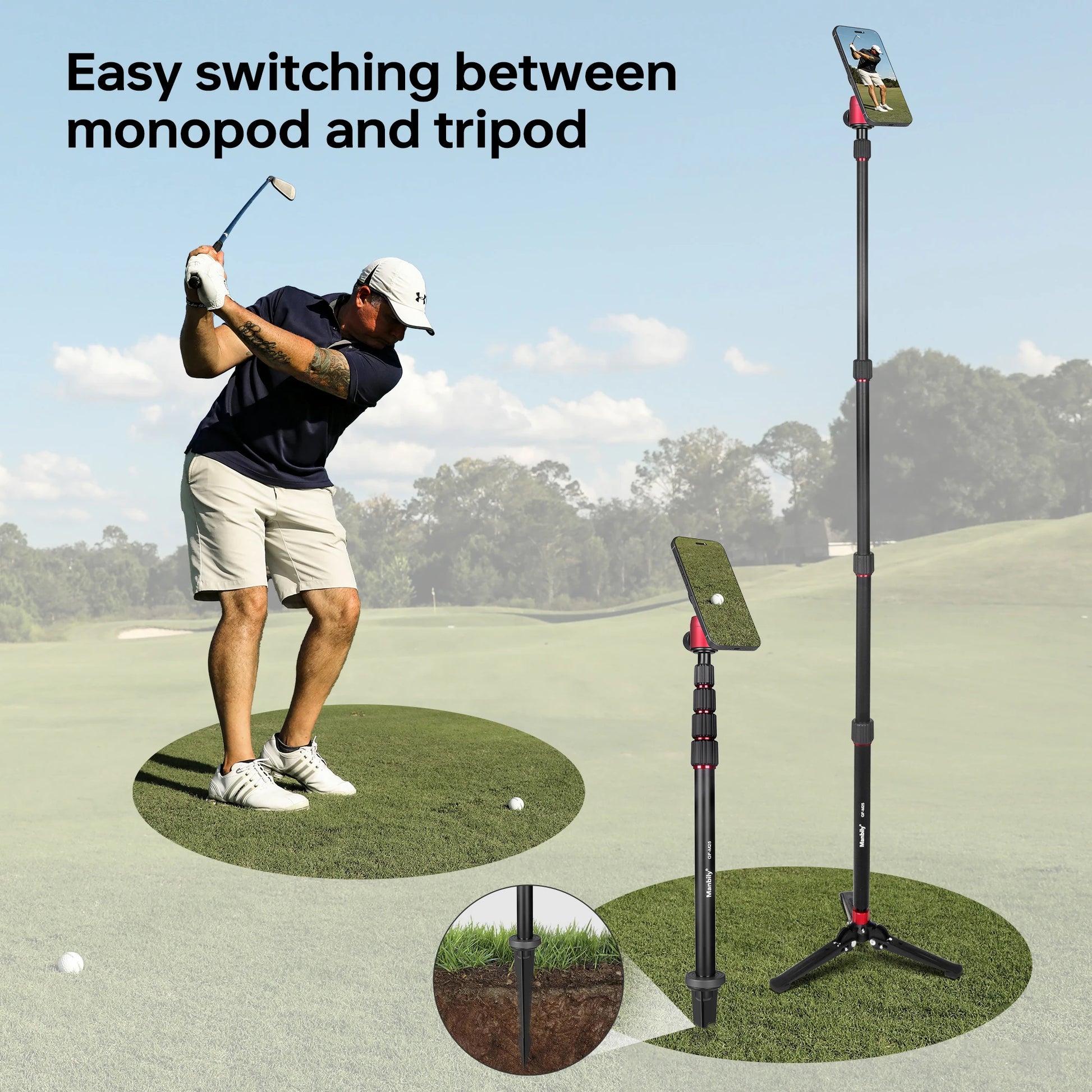 Manbily GF-M25 Aluminum Magnetic Golf Monopod Selfie Stick with Ground Spike Stakes Magnetic Tripod Stand for Golf Traing.