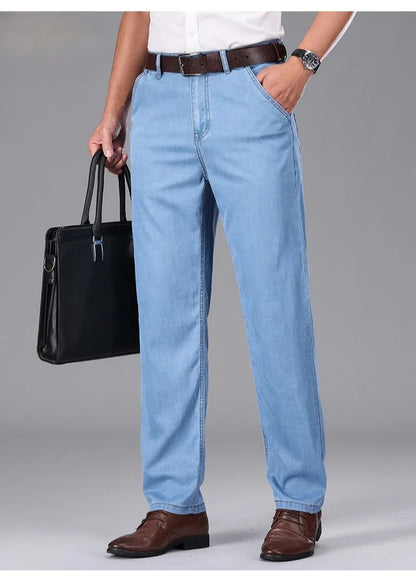 Business Lyocell Jeans Men Summer New Thin Fashion Straight Breathable Brand Pants Male Slim Comfortable  Denim Trousers.