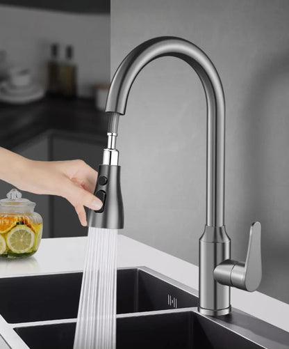 Kitchen Faucets Fine copper gun gray kitchen sink pull-out faucet household sink washbasin rotating hot and cold faucet