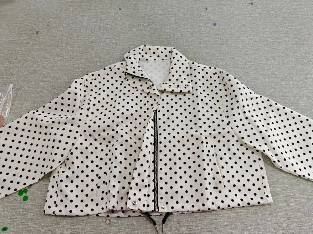 TRAFZA Herbst Polka Dot Gedruckt Jacke Für Frauen Lange Ärmel Rollkragen Zipper Mit Taschen Kordelzug Lose Vintage Mäntel.