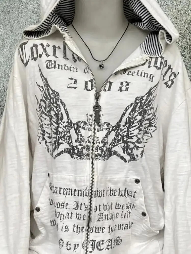 Vintage Sweatshirts 2025 Women's Clothes White Print Tunic Hooded Y2k Coat Streetwear Fashion Casual Hoodies Tops Ropa Mujer.